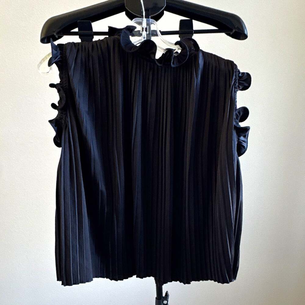 Glam Blouse Black Pleated Ruffle High Neck Sleeveless Pullover Polyester Size S